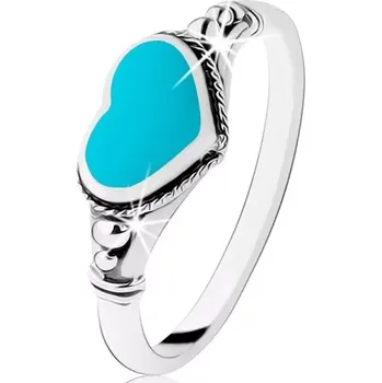 Prsten Stříbrný prsten 925, patinovaný, srdíčko v tyrkysové barvě, kuličky - Velikost: 55