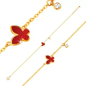 Náramek Náramek ve žlutém 14K zlatě - glazovaný červený motýl a kulatý zirkonek čiré barvy