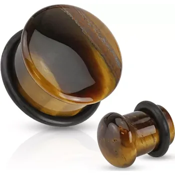 Piercing Plug do ucha z polodrahokamu tygří oko v hnědé barvě, černá gumička - Tloušťka : 16 mm