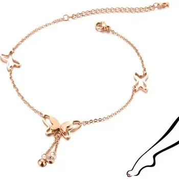 Náramek Ocelový náramek na kotník nebo zápěstí - obrys motýlů, čiré zirkony na řetízku, měděná barva