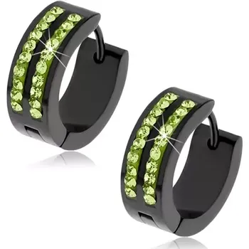 Náušnice Černé kruhové náušnice z oceli, dvě linie světle zelených kamínků