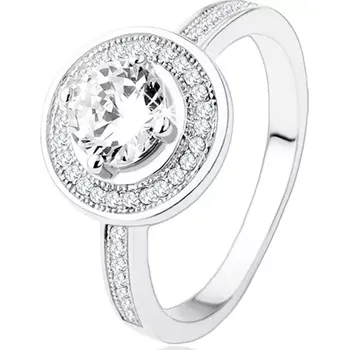 Prsten Zásnubní stříbrný prsten 925, kruh a ramena zdobená zirkony, čirý kámen - Velikost: 51