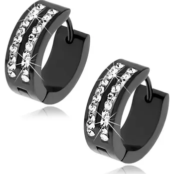 Náušnice Ocelové náušnice černé barvy, dva svislé proužky s čirými kamínky