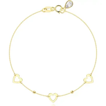 Náramek Náramek ze žlutého zlata 585 - ploché kontury srdce, kuličky se zářezy, kubické zirkony