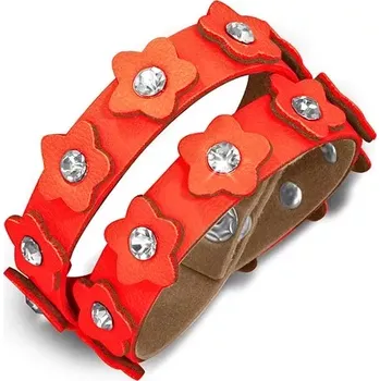 Náramek Oranžový kožený náramek - pás s květinkami a zirkony