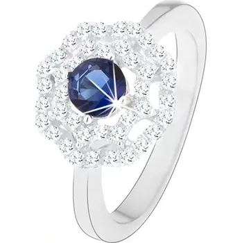 Prsten Rhodiovaný stříbrný prsten 925, slunce - modrý kulatý zirkon, dvojitý čirý lem - Velikost: 57