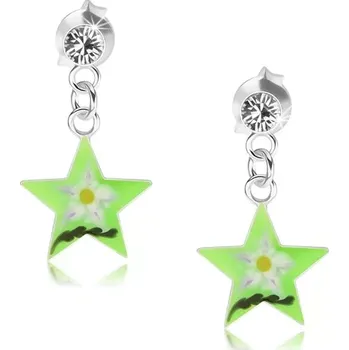 Náušnice Stříbrné náušnice 925, zelená hvězda s květem, čirý krystal Swarovski