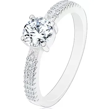 Prsten Stříbrný prsten 925, kulatý zirkon čiré barvy v kotlíku, zirkonky na ramenech - Velikost: 60