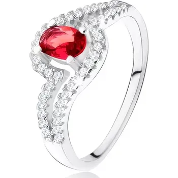 Prsten Prsten s oválným červeným kamenem, zvlněná zirkonová ramena, stříbro 925 - Velikost: 59