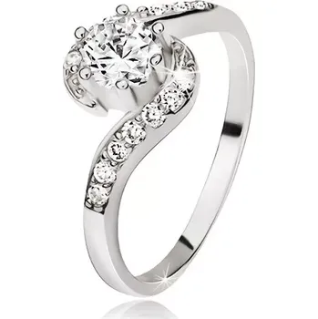 Prsten Stříbrný prsten 925, zvlněná zirkonová ramena, kulatý čirý kamínek - Velikost: 48