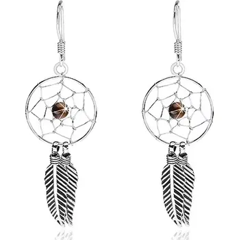 Náušnice Náušnice ze stříbra 925, lapač snů s černým korálkem a pírky, 15 mm