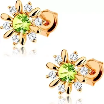 Náušnice Zlaté náušnice 14K kvet s olivínom a čírymi zirkónmi