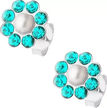 Náušnice Puzetové náušnice, stříbro 925, třpytivý kvítek, modrozelené krystaly, perlička