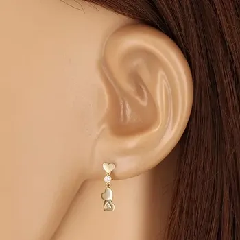 Náušnice Diamantové náušnice ze zlata 585 - drobné symetrické srdíčko s přívěskem