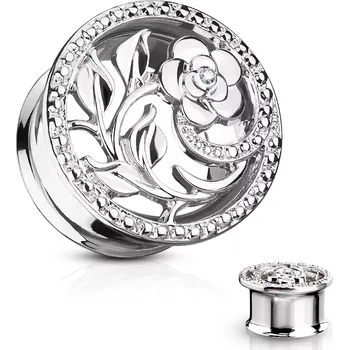 Piercing Sedlový tunel do ucha z chirurgické oceli, vyřezávaný květ, čirý zirkon, stříbrná barva - Tloušťka : 14 mm