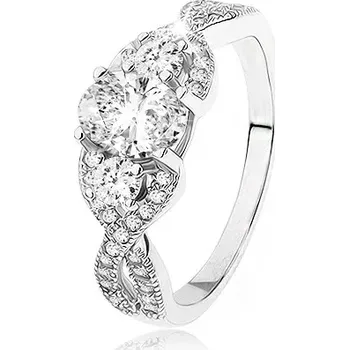 Prsten Zářivý stříbrný prsten 925, překřížená zvlněná ramena, oválný zirkon - Velikost: 54