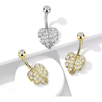 Piercing Piercing do pupíku z oceli - list ve tvaru srdce, čiré krystaly, PVD úprava - Barva: Zlatá
