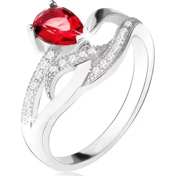 Prsten Lesklý prsten ze stříbra 925, červený kámen ve tvaru slzy, zvlněné zirkonové linie - Velikost: 52