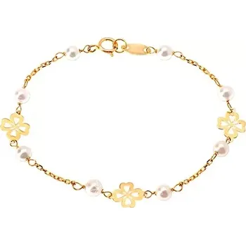 Náramek Dětský náramek ze žlutého 14K zlata - bílé kulaté perličky a čtyřlístky pro štěstí