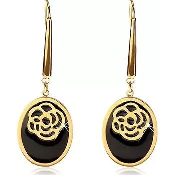 Náušnice Náušnice z oceli 316L zlaté barvy - ovály s černou glazurou a s vyřezávanou růží