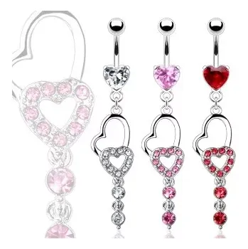 Piercing Piercing do pupíku dvě srdce a dva visící zirkony - Barva zirkonu: Červená - R