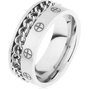Prsten Prsten z oceli 316L, stříbrná barva, řetízek, křížky v kruzích - Velikost: 62