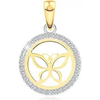 Přívěsek Přívěsek ze 14K kombinovaného zlata - motýl v obrysu kruhu, obruba ze zirkonů