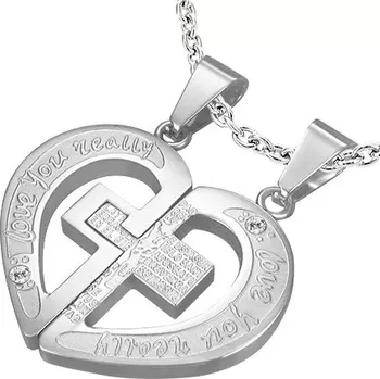 Přívěsek Ocelové přívěsky pro zamilovanou dvojici, rozpůlené srdce s křížem a modlitbou