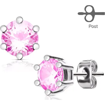 Náušnice Náušnice z chirurgické oceli stříbrné barvy, kulatý růžový zirkon v kotlíku - Průměr: 5 mm