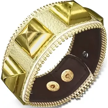 Náramek Kožený náramek - zlatý se zlatými pyramidami, zip