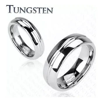 Prsten Lesklý wolframový prsten stříbrné barvy, vyrytý středový pruh, 6 mm - Velikost: 52