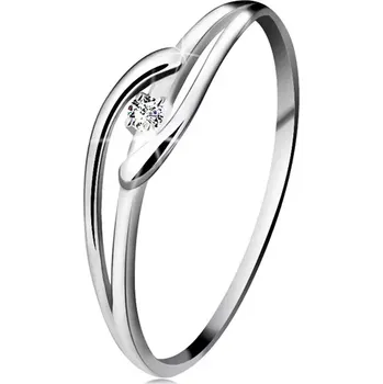 Prsten Prsten v bílém zlatě 585 s třpytivým diamantem, rozdělená zvlněná ramena - Velikost: 53