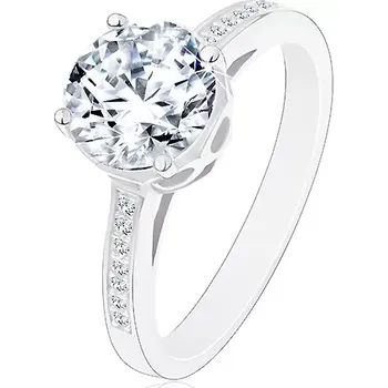 Prsten Stříbrný 925 prsten - zásnubní, velký kulatý zirkon čiré barvy v ozdobném kotlíku - Velikost: 56