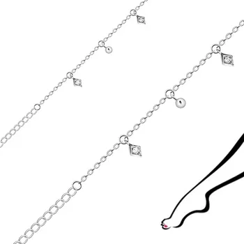 Náramek Stříbrný 925 náramek na nohu - kulatá očka, kosočtverec, kulatý zirkon, hladká kulička