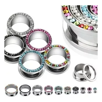 Piercing Tunel do ucha - zirkony v kruhu - Tloušťka piercingu: 12 mm, Barva zirkonu: Růžová - P