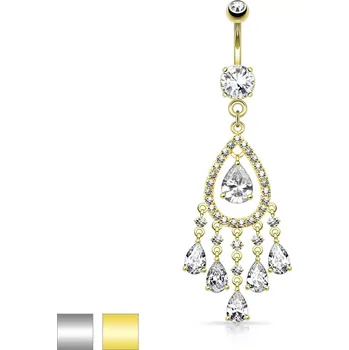 Piercing Ocelový piercing do bříška, velký obrys kapky z čirých zirkonů, slzičky - Barva piercing: Zlatá