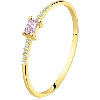 Prsten Zlatý prsten ze žlutého zlata 585 - růžový obdélníkový zirkon, čiré zirkony - Velikost: 56