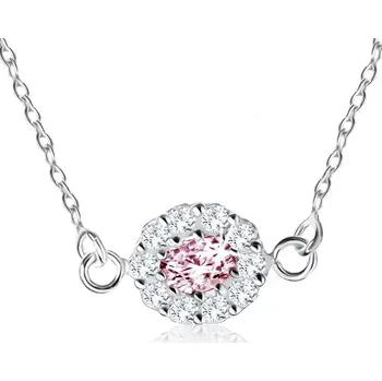 Náhrdelník Stříbrný náhrdelník 925, růžový zirkonový ovál lemovaný čirými kamínky