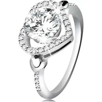 Prsten Stříbrný 925 prsten, velký čirý zirkon v blýskavé kontuře srdce - Velikost: 49