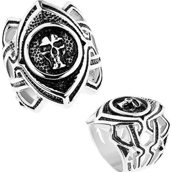 Prsten Masivní prsten z chirurgické oceli, patinované zrnko s lebkou, výřezy - Velikost: 66