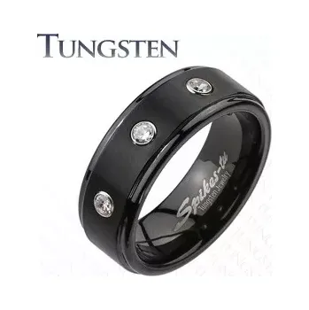 Prsten Prsten z wolframu - černý povrch se třemi čirými zirkony - Velikost: 49