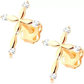 Náušnice Zlaté diamantové náušnice 585 - latinský křížek, čiré brilianty