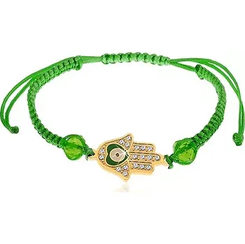 Náramek Šňůrkový náramek zelené barvy, Fatimina ruka, čiré zirkony, korálky