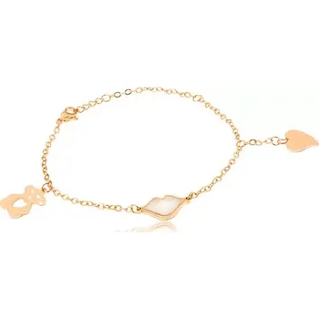 Náramek Ocelový náramek zlaté barvy, perleťové rty, vyřezávaný medvídek, srdce