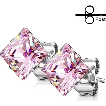 Náušnice Náušnice z oceli - čtvercový růžový zirkon, puzetky - Velikost zirkonu: 7 mm