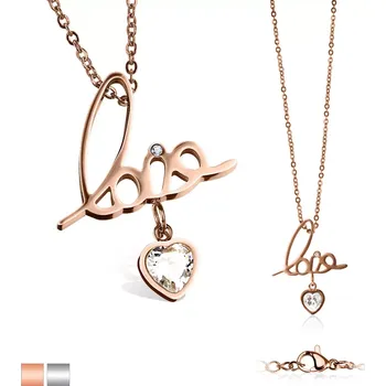 Náhrdelník Náhrdelník z oceli - přívěsek s nápisem "love", ozdobné srdíčko s blýskavým čirým zirkonem - Barva: Měděná