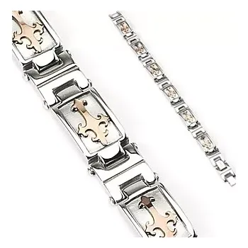 Náramek Ocelový náramek stříbrné barvy s liliovým křížem ve zlatém odstínu