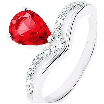 Prsten Stříbrný prsten 925, obrácená slza - růžový zirkon, zašpičatělá linie - Velikost: 52