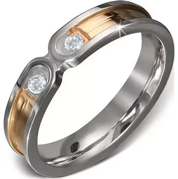 Prsten Ocelový prsten - zlatý pruh se stříbrným lemem, dva čiré zirkony - Velikost: 52