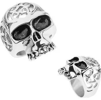 Prsten Ocelový prsten stříbrné barvy, lebka s ozdobnými výřezy - Velikost: 67